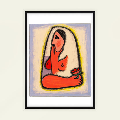 Woman with Flower by Mikuláš Galanda, botanical print, nature decor, Slovak folk art, expressionist, affordable wall art, framed wall art, art poster