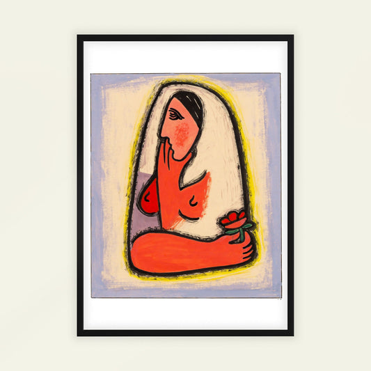 Woman with Flower by Mikuláš Galanda, botanical print, nature decor, Slovak folk art, expressionist, affordable wall art, framed wall art, art poster