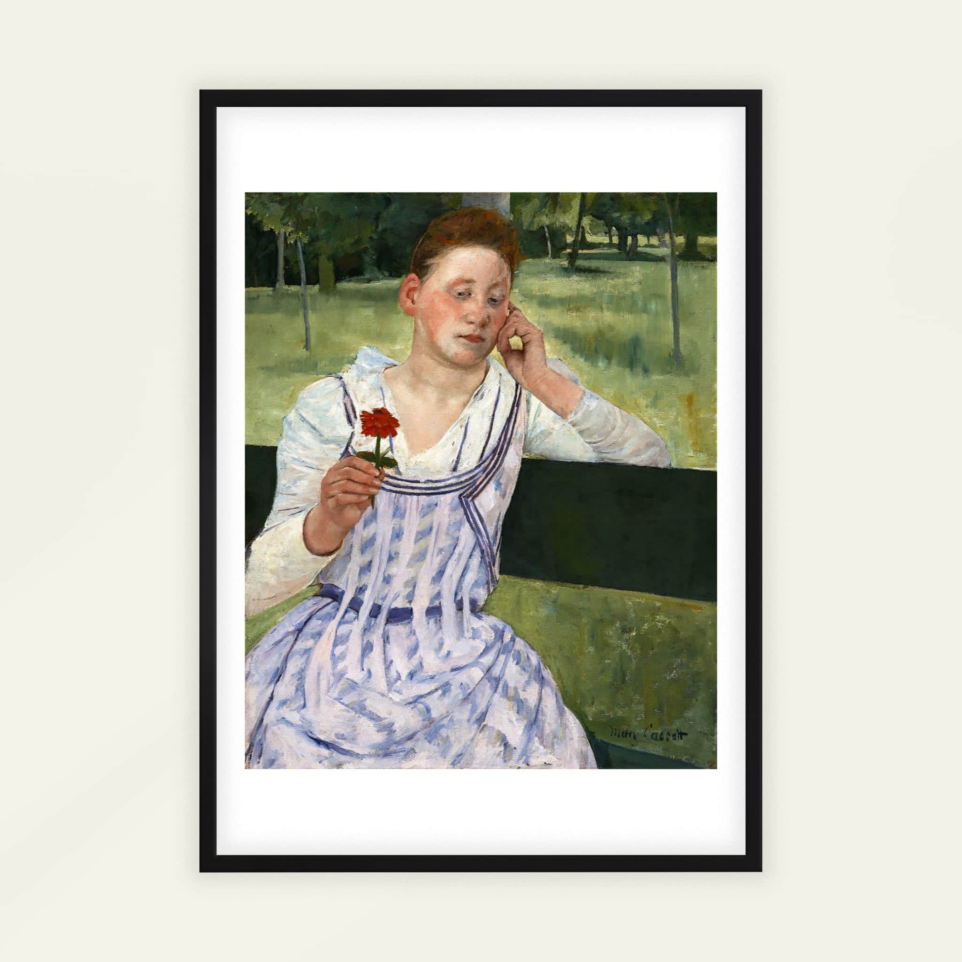 Woman with a Red Zinnia by Mary Cassatt, portrait print, vintage portrait, American Impressionist, portrait, art reproduction, framed wall art, art poster