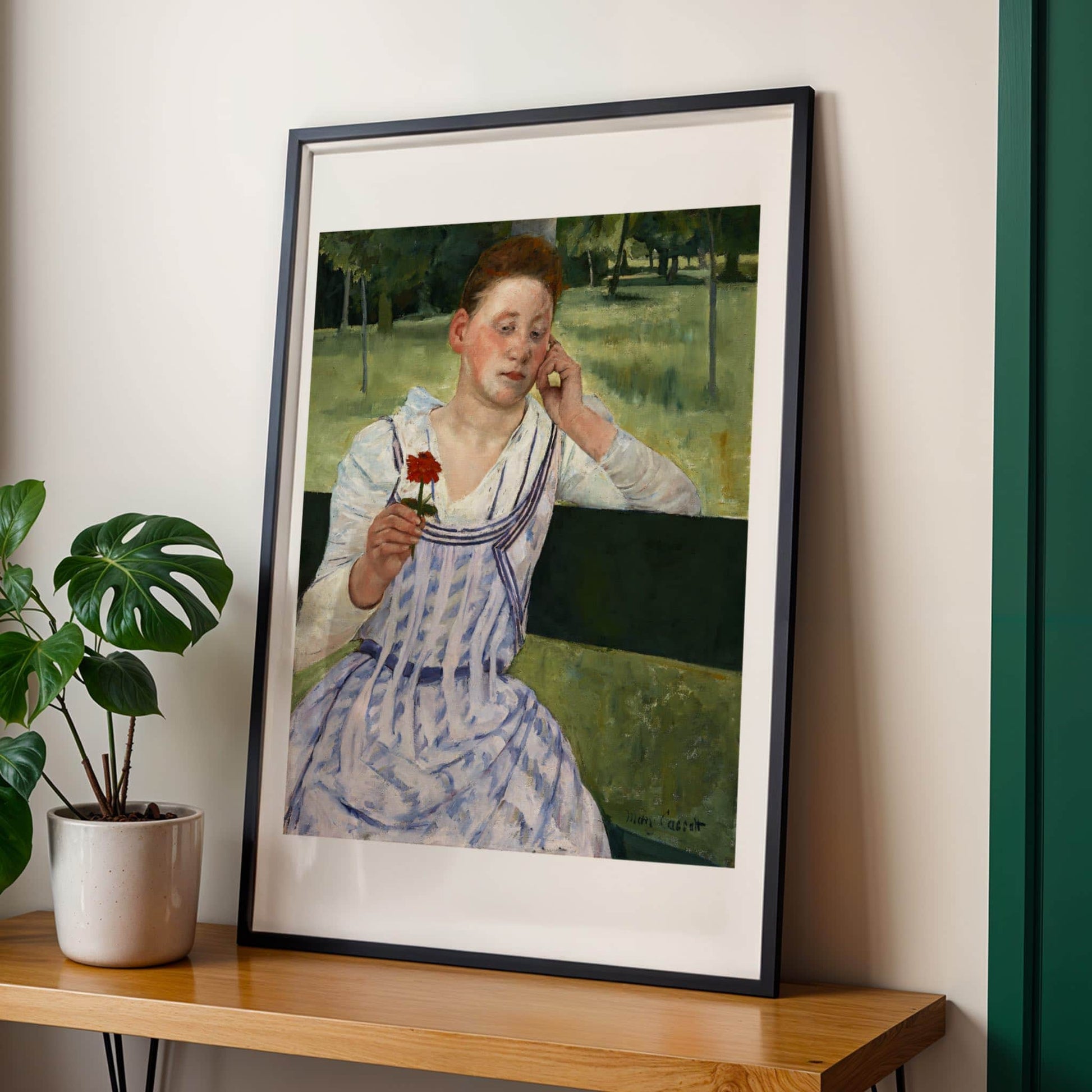 Woman with a Red Zinnia by Mary Cassatt, classic art poster, figure wall art, American feminine, mother and child, gallery wall decor, framed wall art, art poster