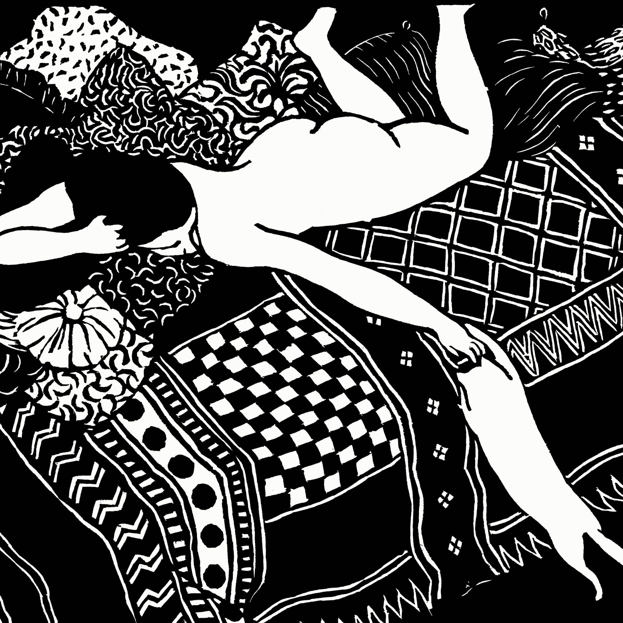 Black and white illustration of a person lying on patterned fabric