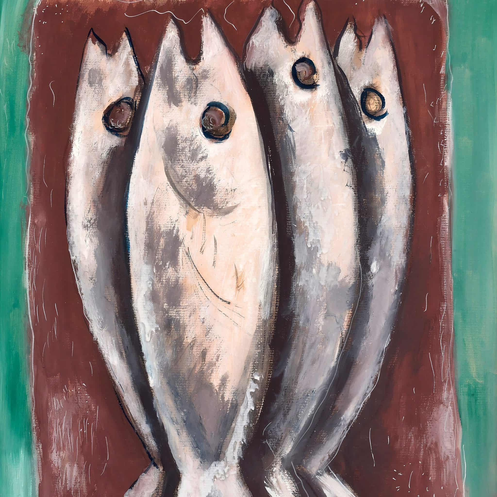 Four fish with black eyes on a brown and green background