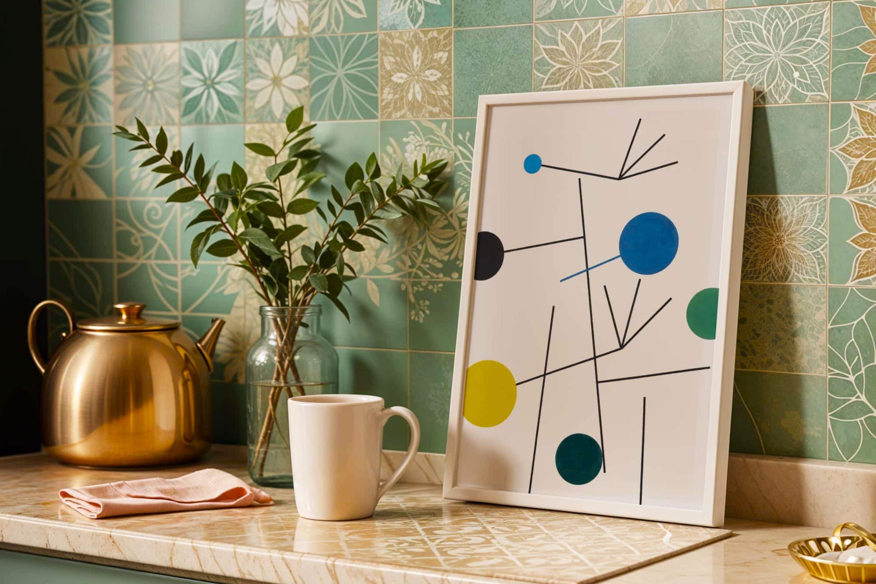 Kitchen counter with a teapot, mug, plant, and abstract art on a tiled wall.