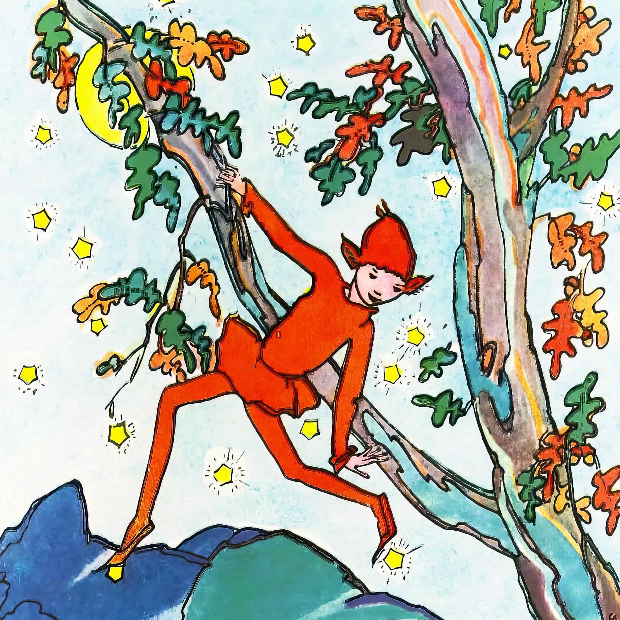 Red fairy character climbing a tree with colorful leaves and stars in the background